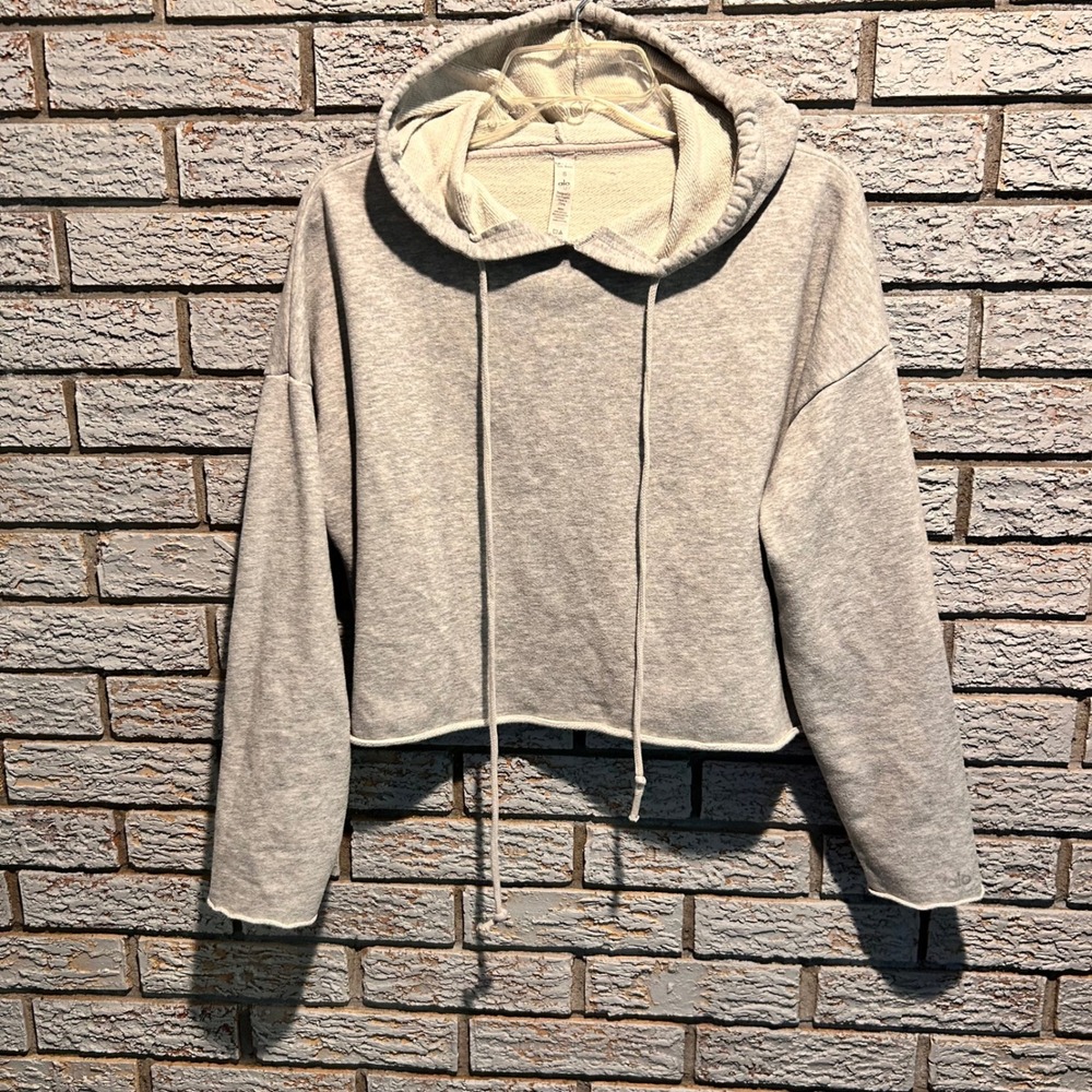 Alo Yoga Womens Cropped Hoodie Heather Gray Raw Hem Sweatshirt Size S